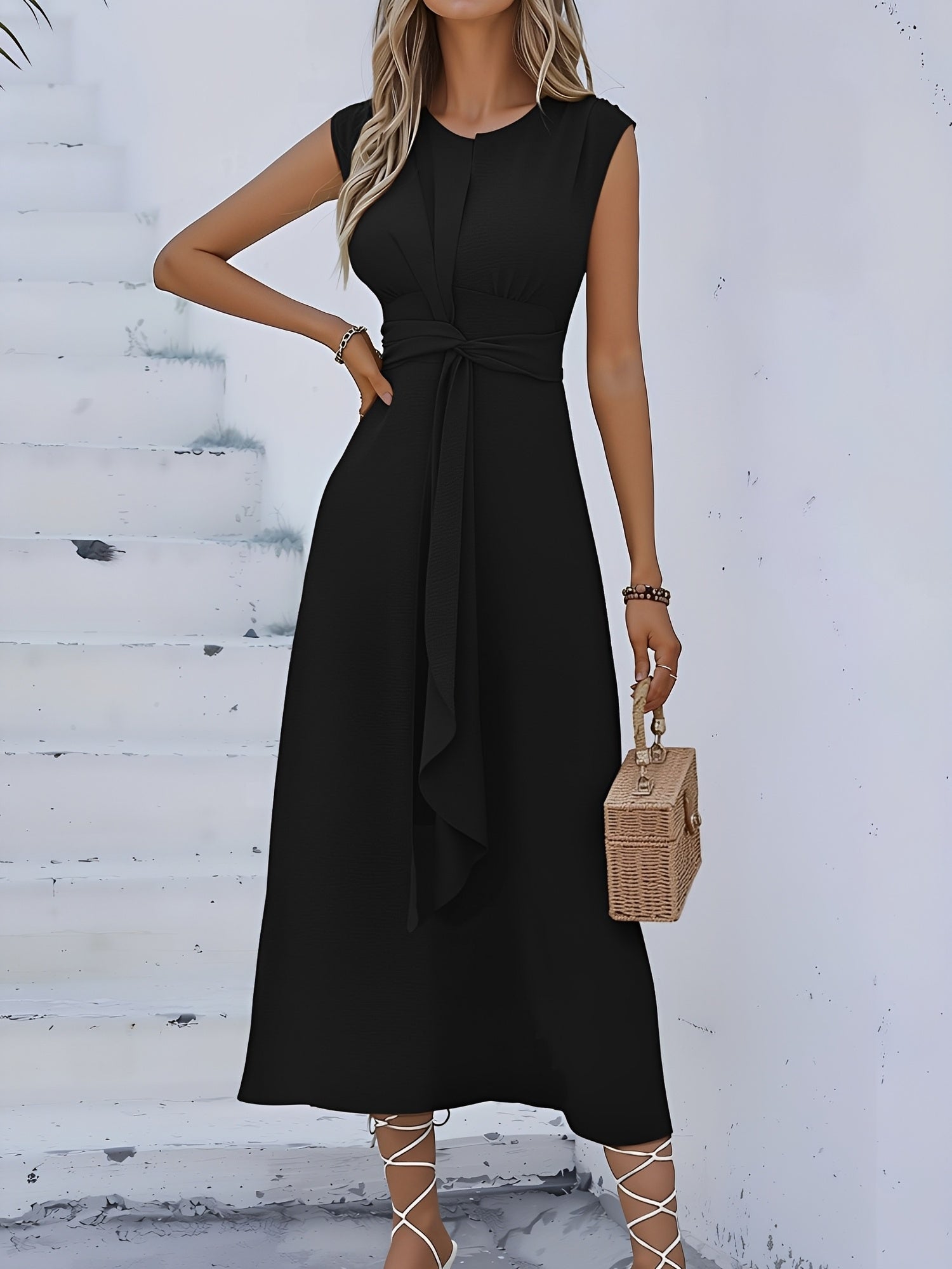 Round Neck Sleeveless Ruched Tie Front Midi Dress