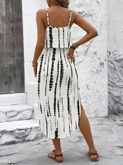 Printed Spaghetti Strap Slit Midi Dress