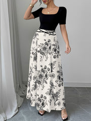 Floral Short Sleeve Square Neck Patchwork Midi Dress