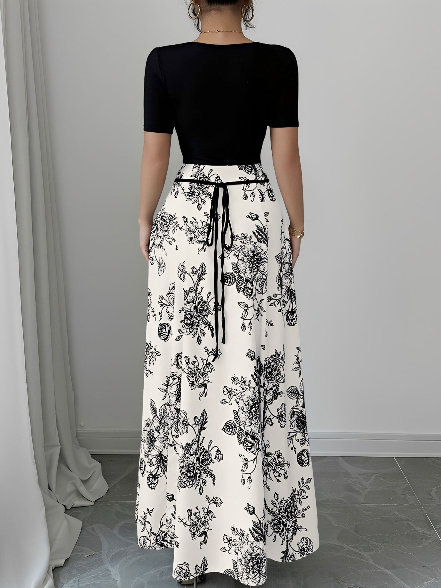 Floral Short Sleeve Square Neck Patchwork Midi Dress