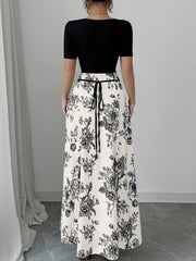 Floral Short Sleeve Square Neck Patchwork Midi Dress
