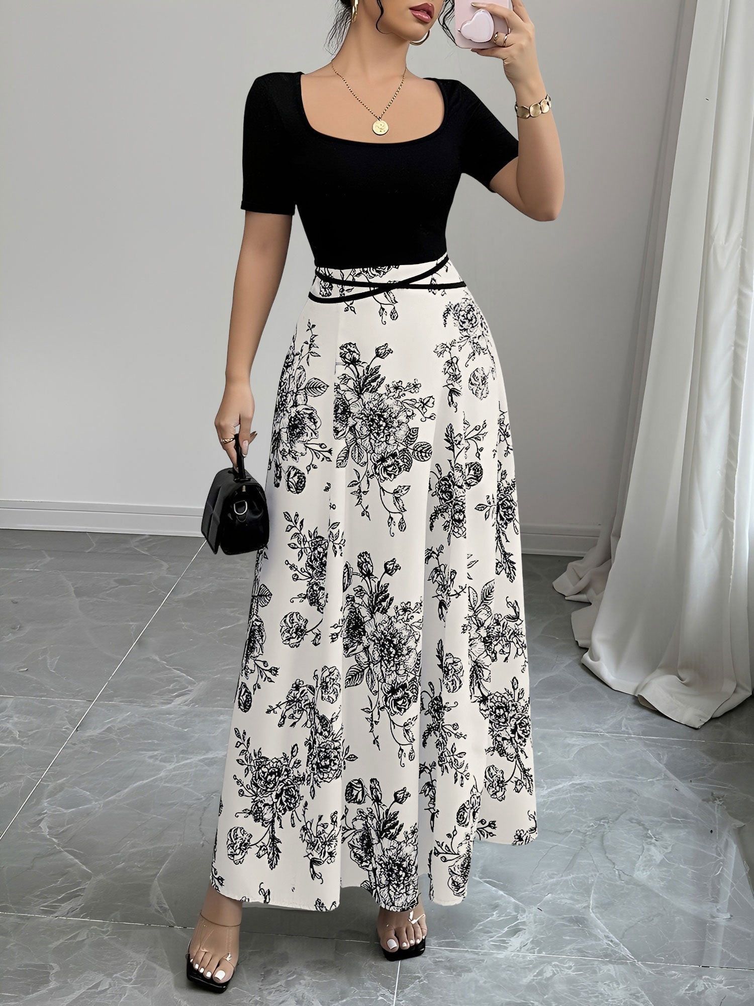 Floral Short Sleeve Square Neck Patchwork Midi Dress