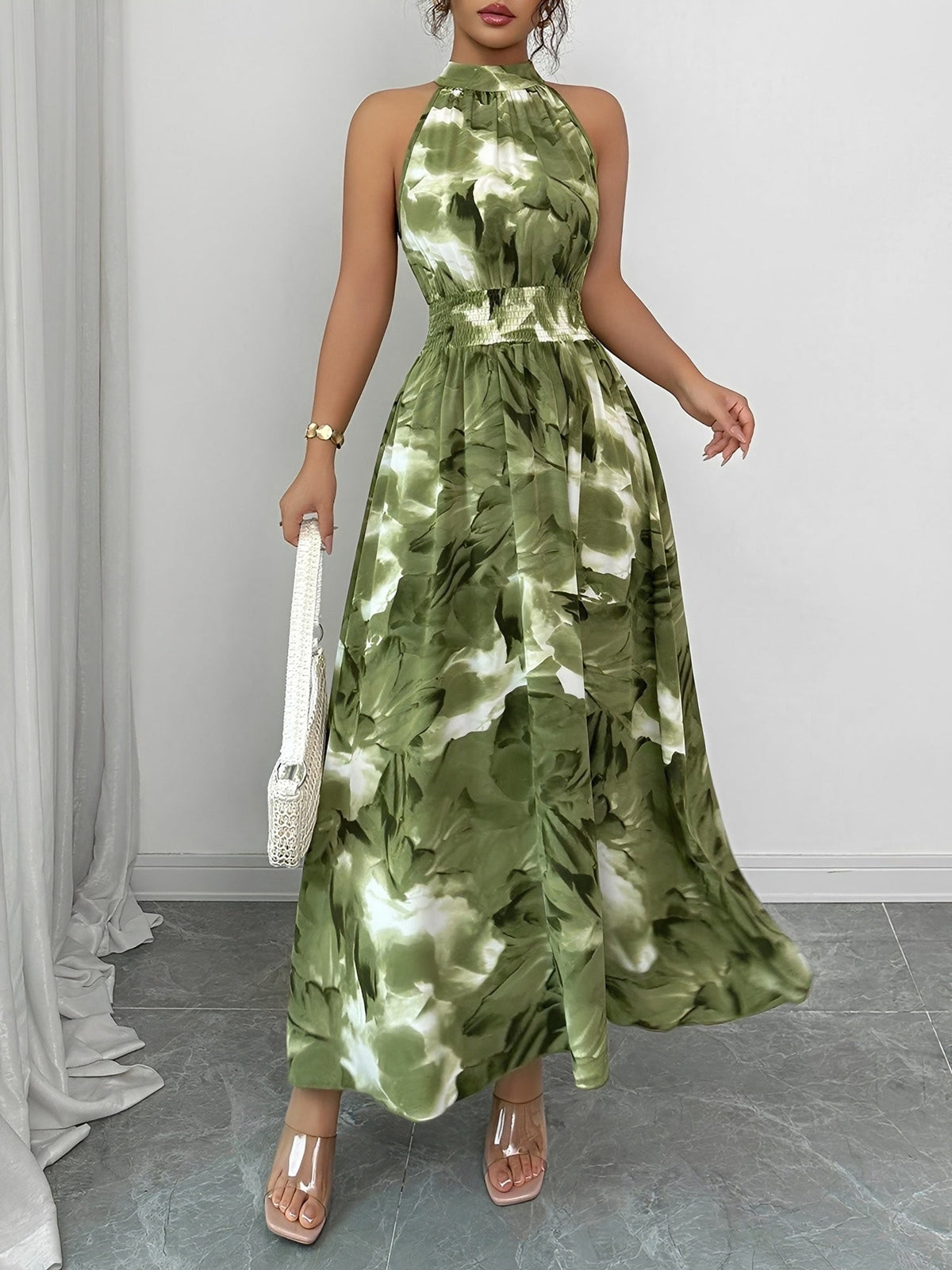 Halter Neck Sleeveless Smocked Resort Beach Dress
