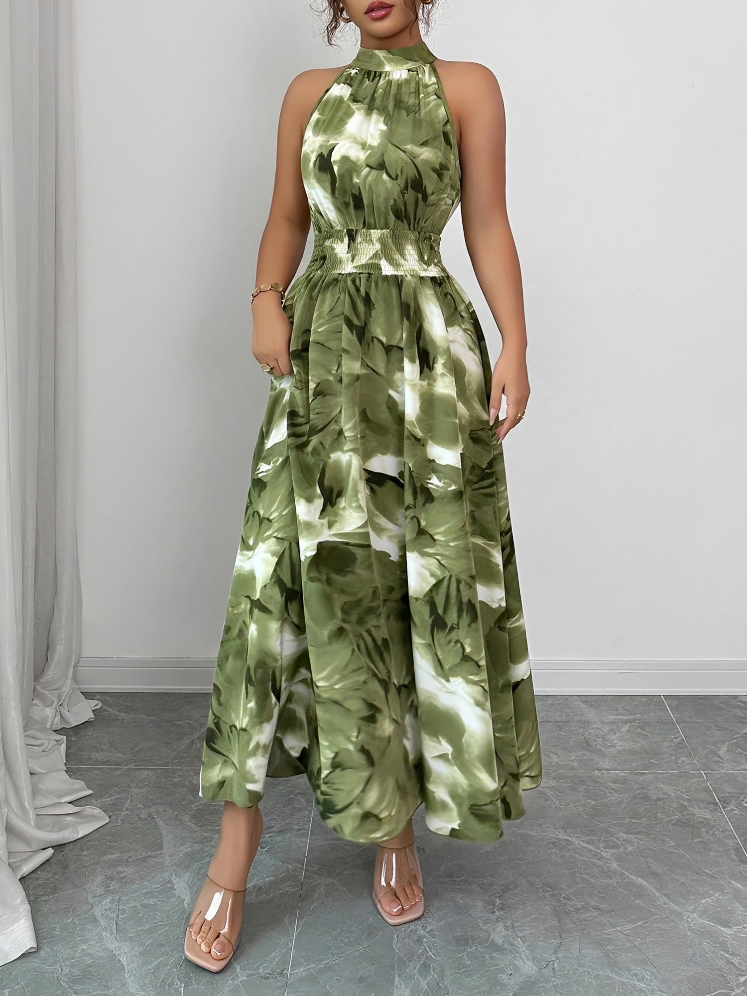 Halter Neck Sleeveless Smocked Resort Beach Dress