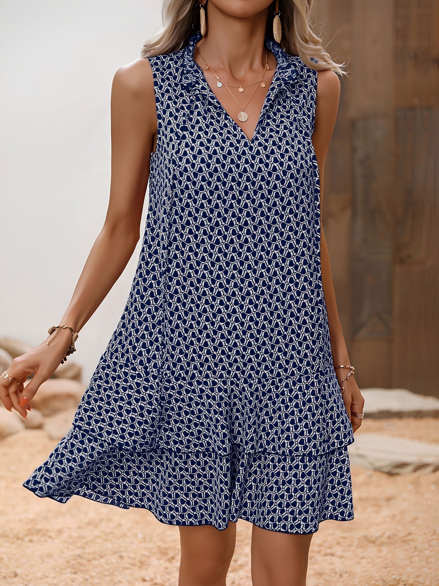 Printed Bow-Tie Layered Above Knee Length Dress