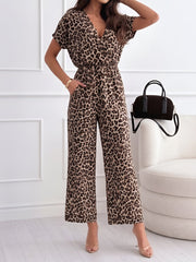 V Neck Leopard Print Pockets Straight Leg Jumpsuits
