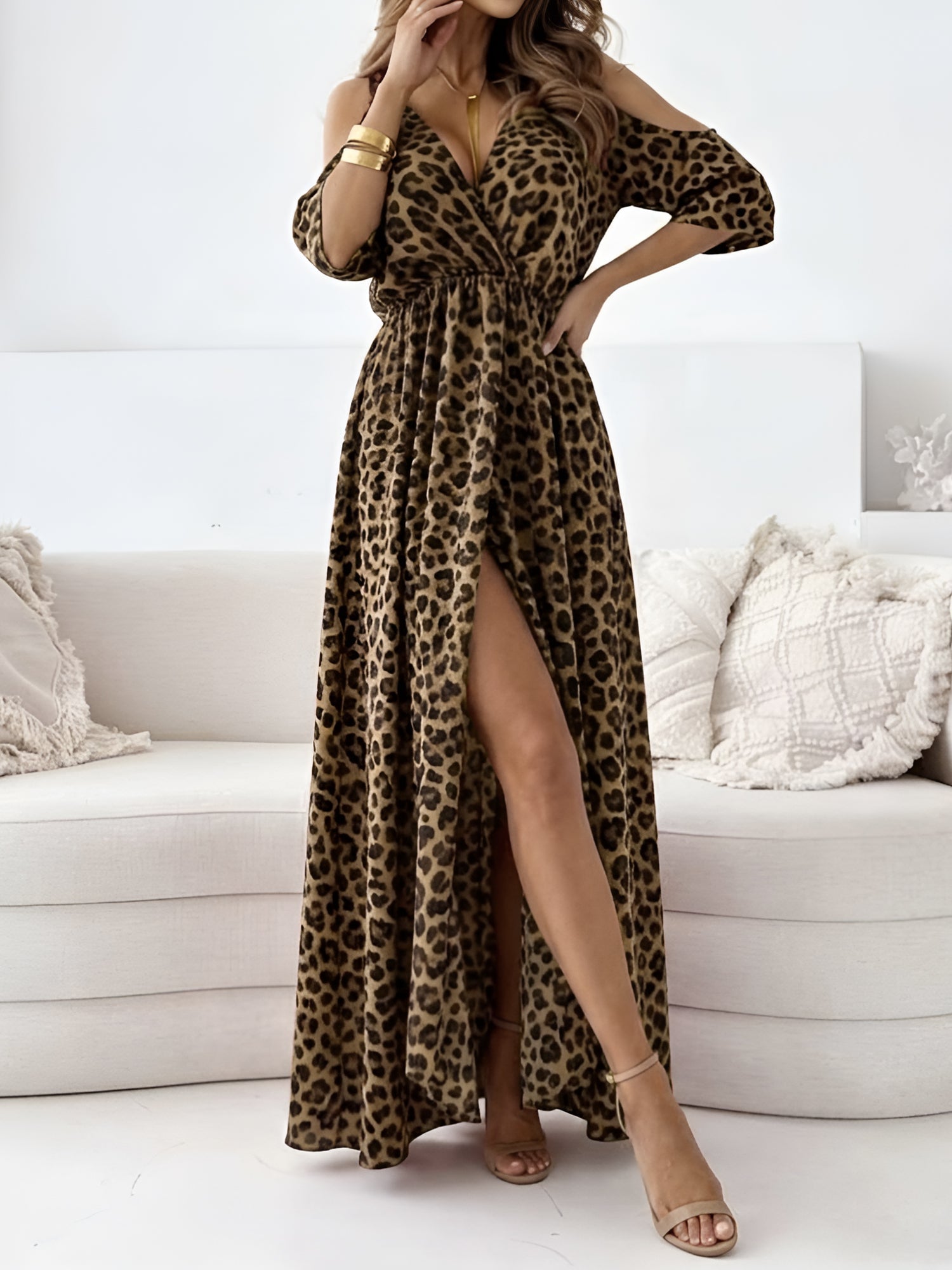 Leopard Print 3/4 Sleeves Cold Shoulder Slit Maxi Dress