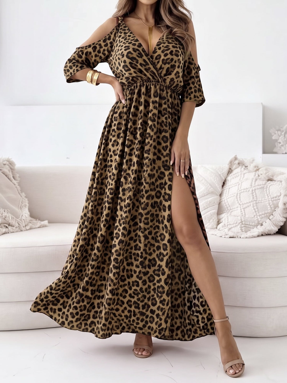 Leopard Print 3/4 Sleeves Cold Shoulder Slit Maxi Dress