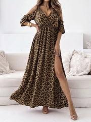 Leopard Print 3/4 Sleeves Cold Shoulder Slit Maxi Dress