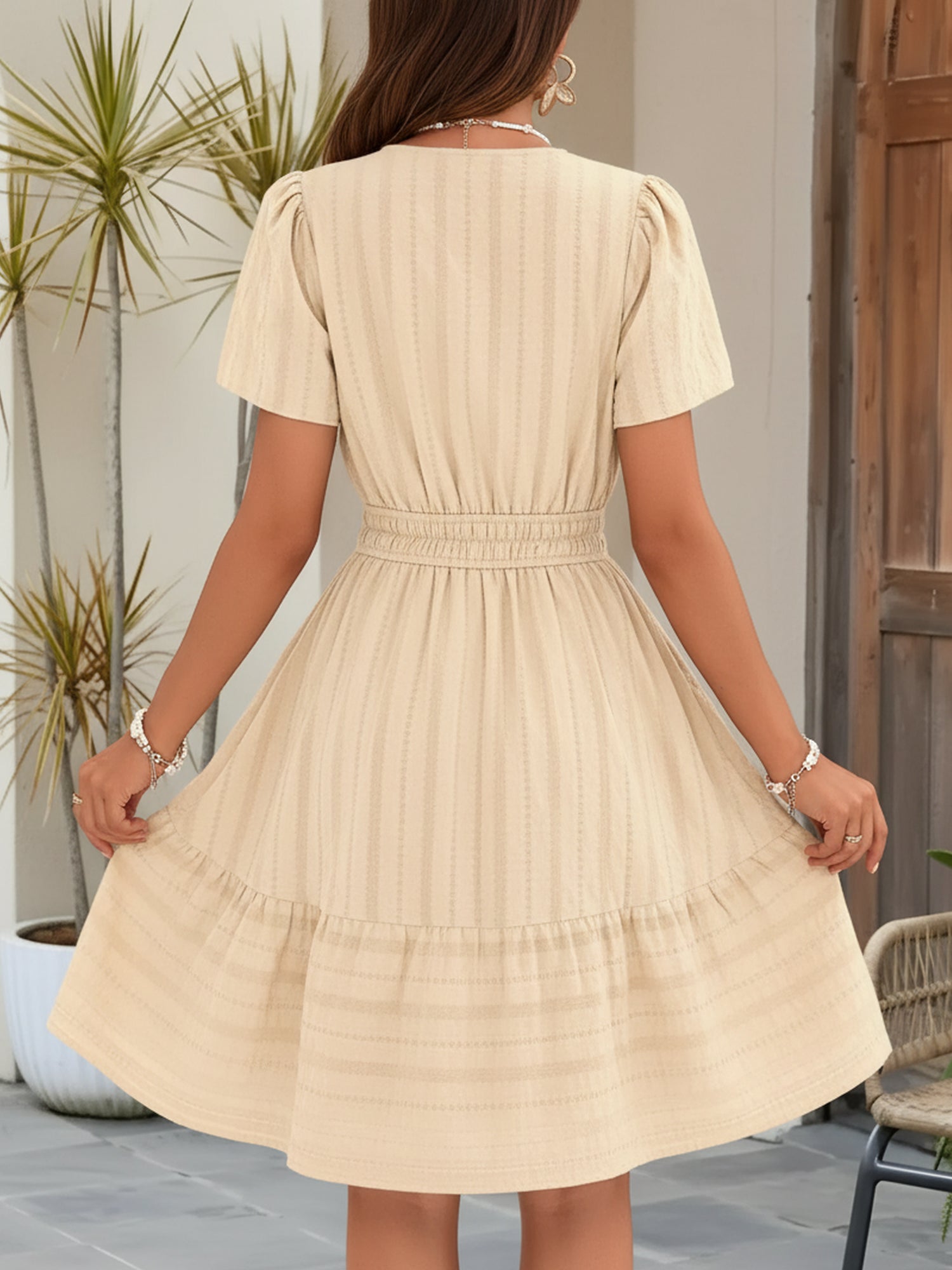 Cotton Notch Neck Puff Sleeve A-Line Tiered Dress