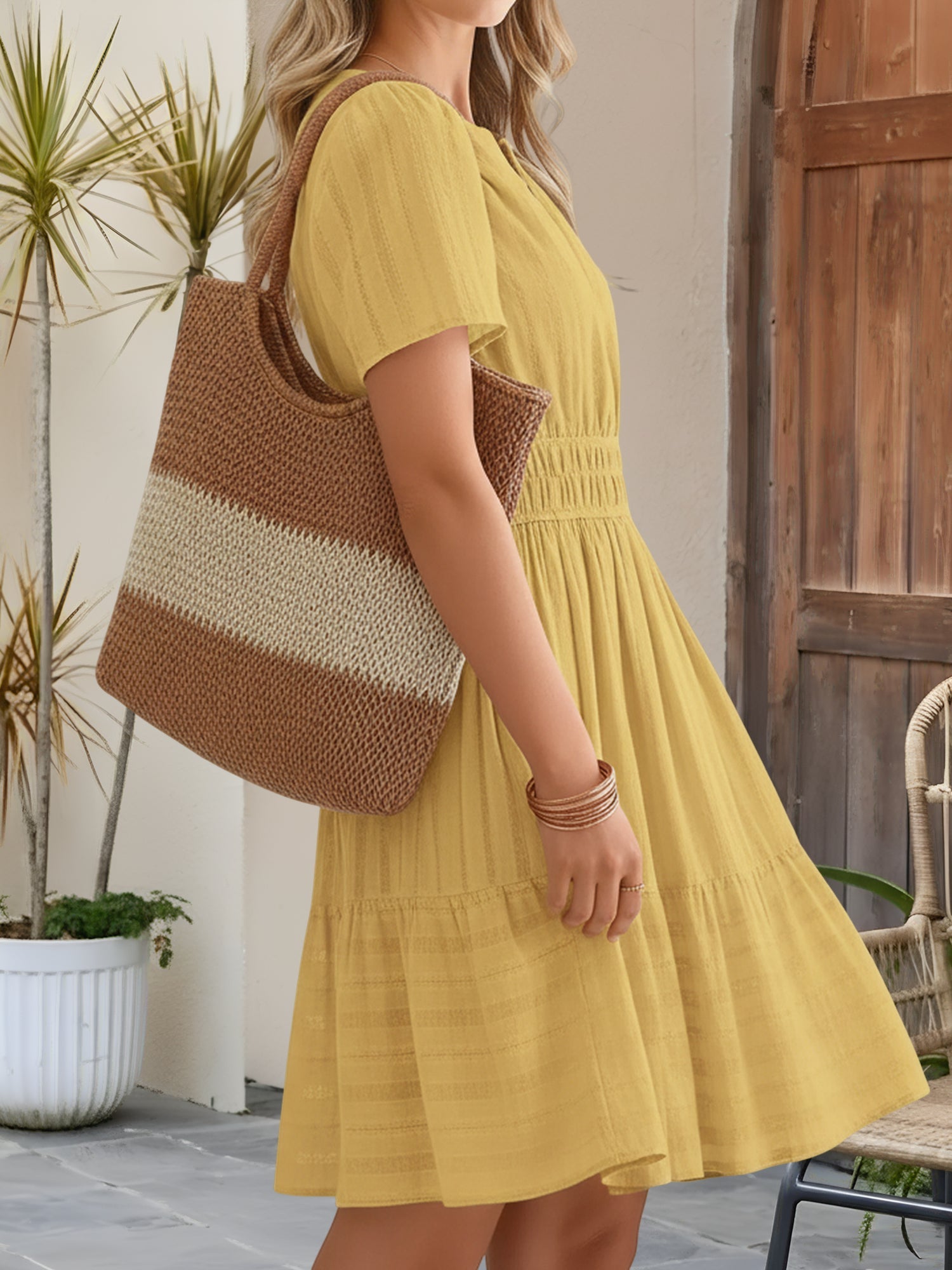 Cotton Notch Neck Puff Sleeve A-Line Tiered Dress