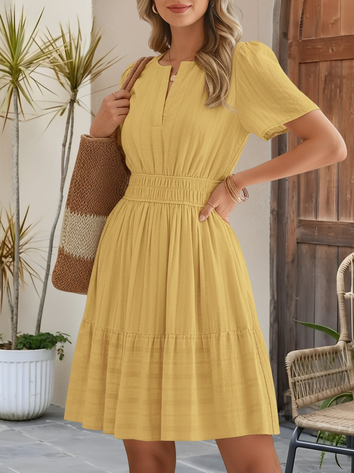 Cotton Notch Neck Puff Sleeve A-Line Tiered Dress