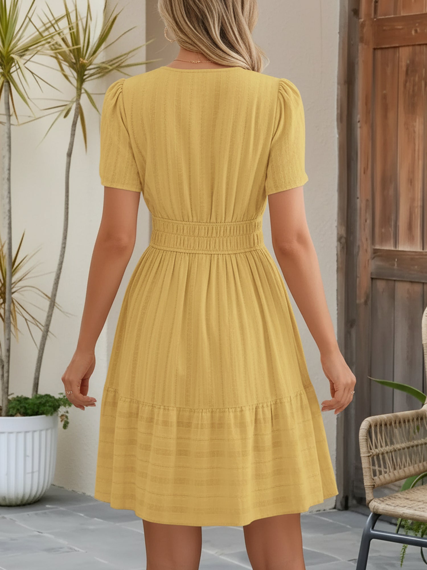 Cotton Notch Neck Puff Sleeve A-Line Tiered Dress