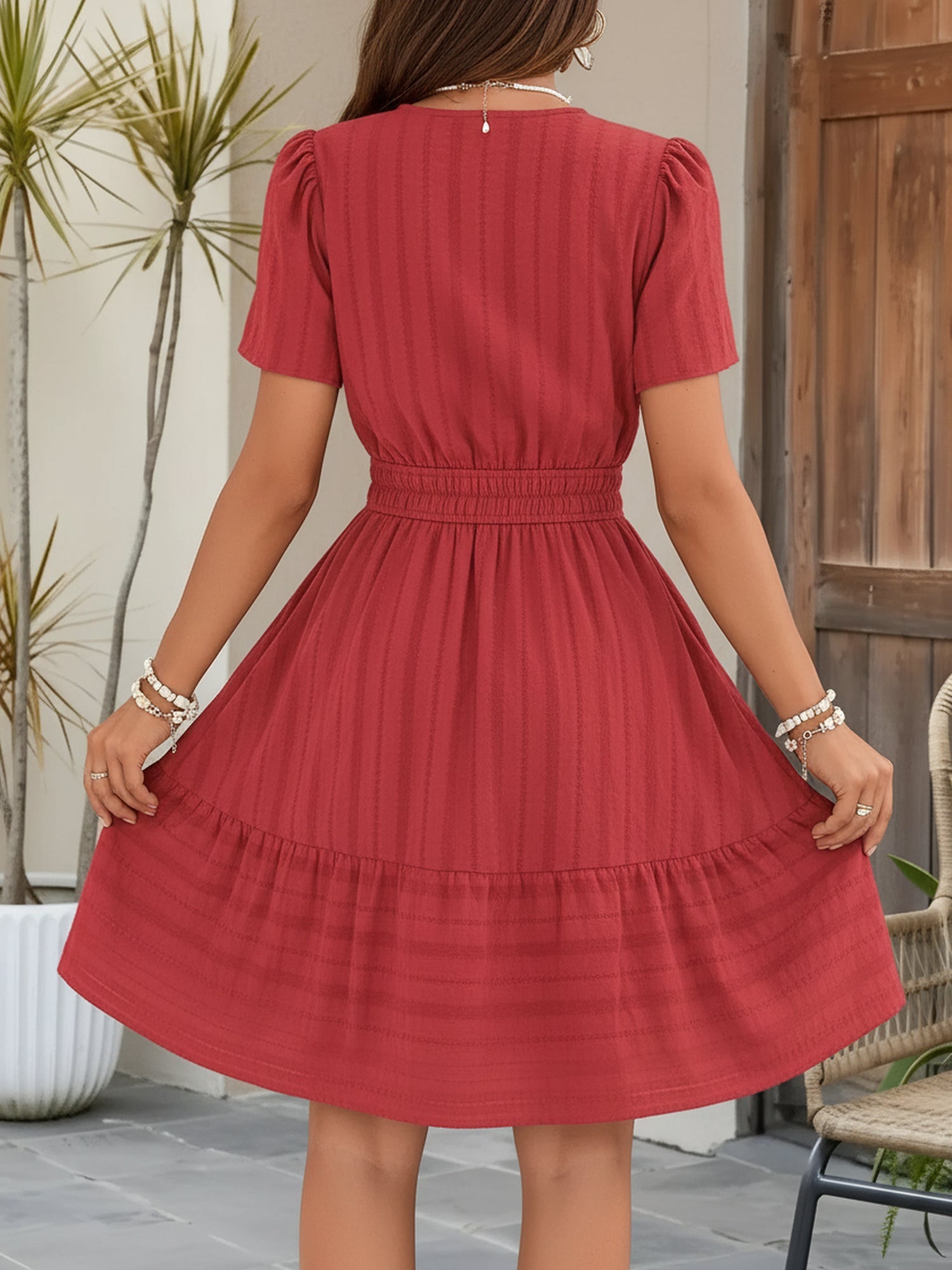 Cotton Notch Neck Puff Sleeve A-Line Tiered Dress
