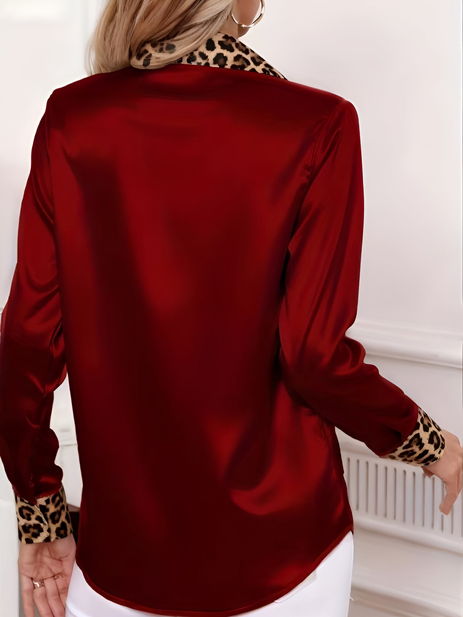 Satin Long Sleeve Leopard Print Patchwork Shirt