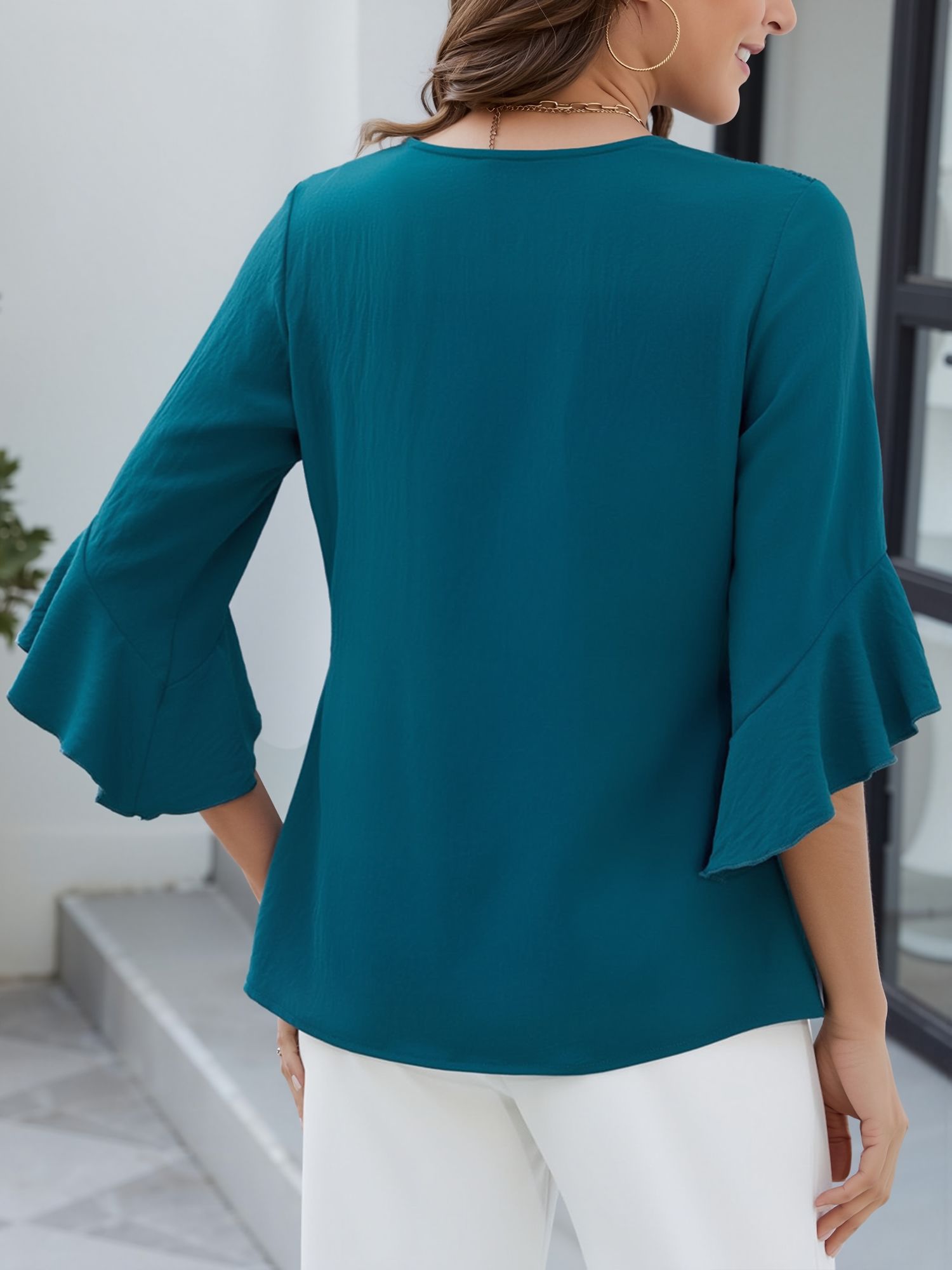 3/4 Sleeve V Neck Ruffled Sleeve Casual Chiffon Blouse