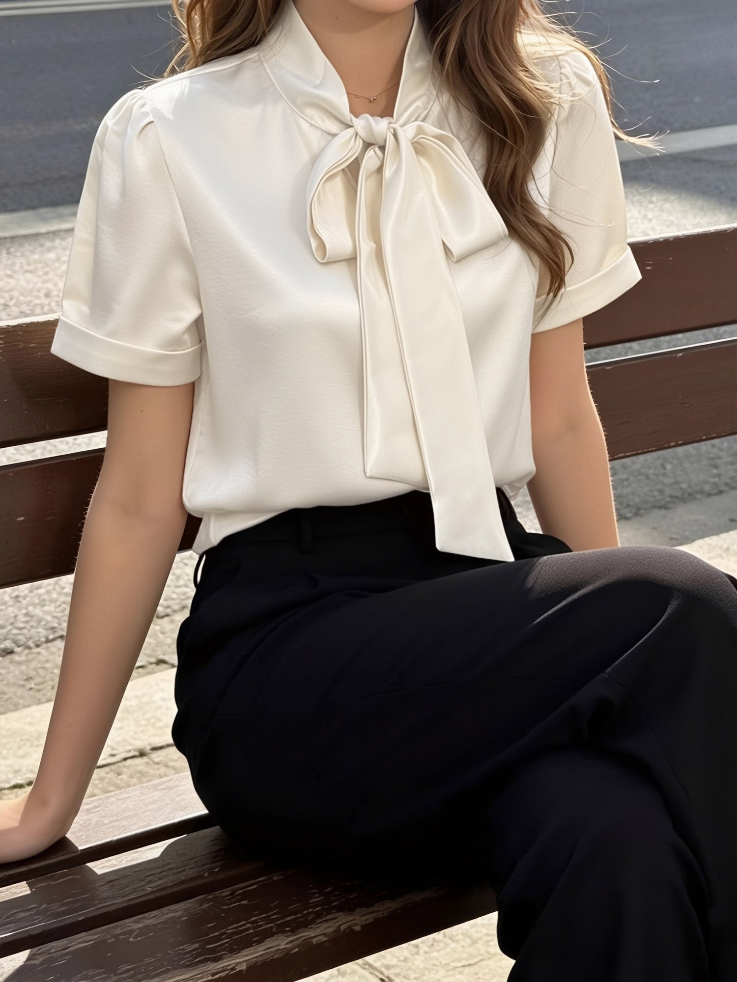 Bow Tie Collar Satin Short Sleeve Blouse