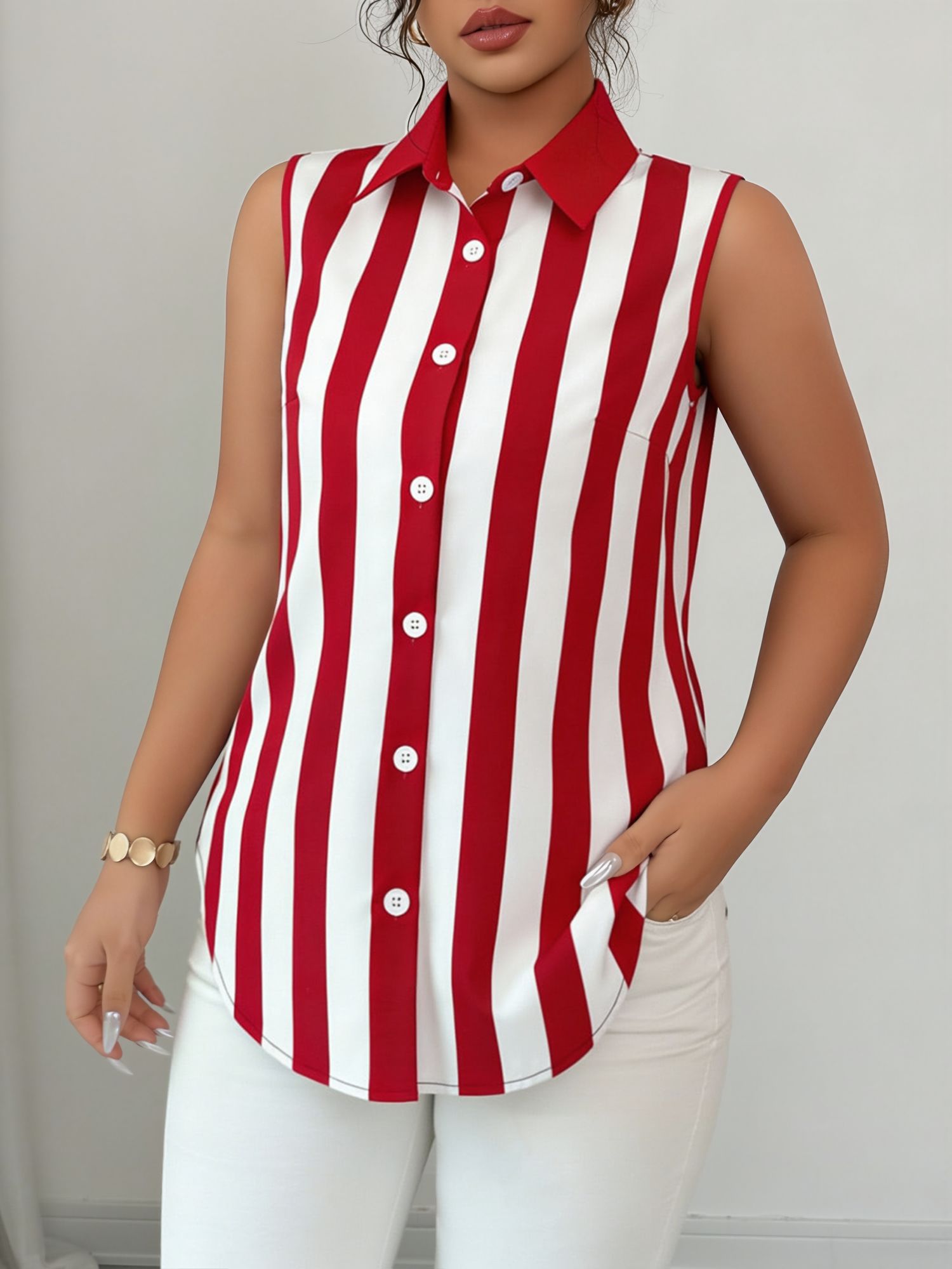 Casual Sleeveless Striped Colorblock Button Down Blouse