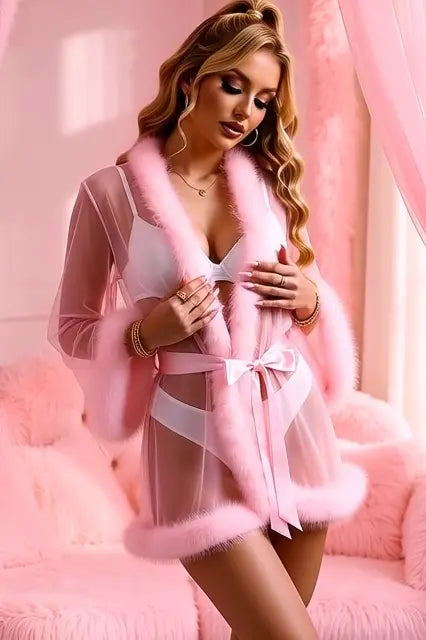 Pink Playful Mesh Robe with Faux Fur Trim