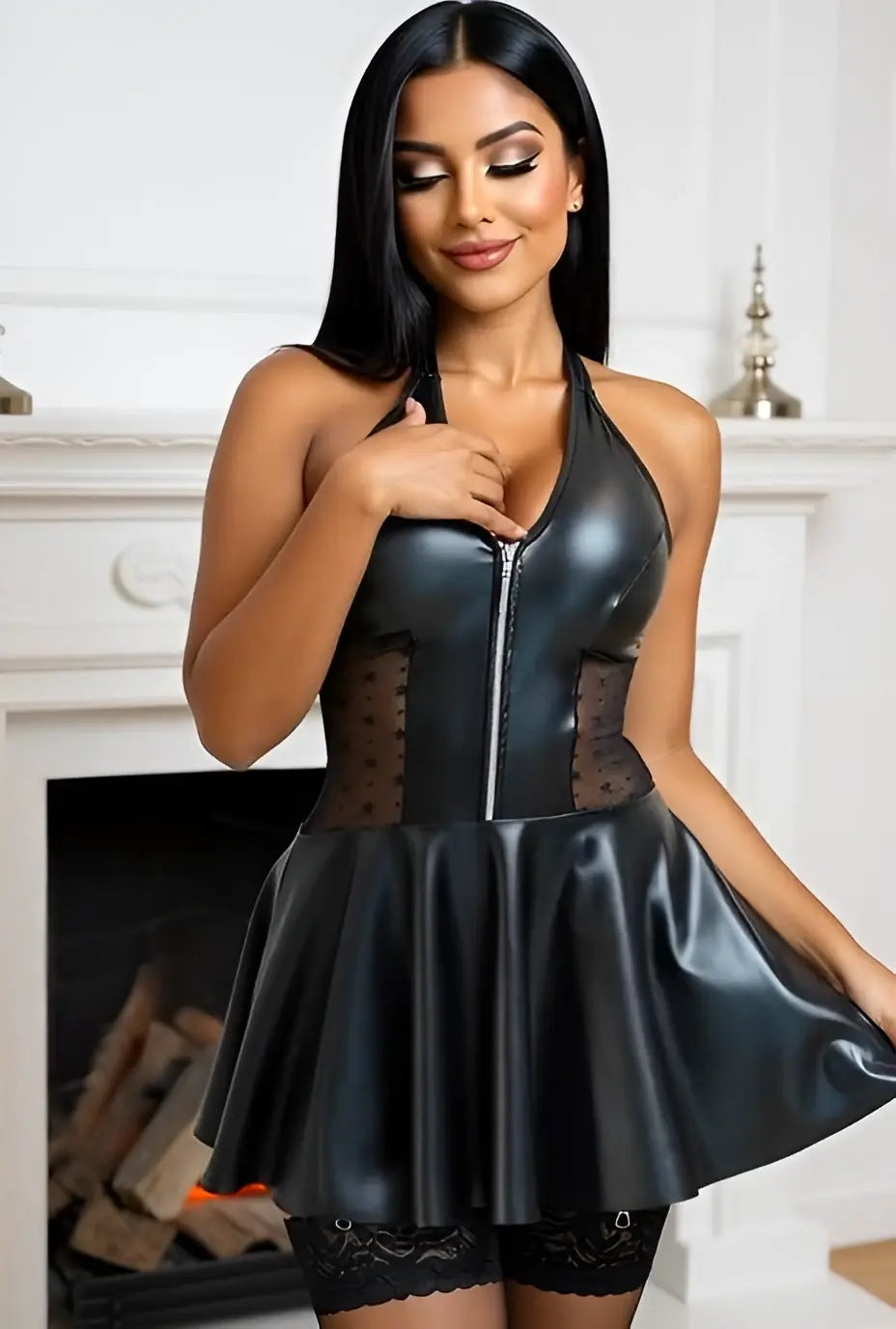 Black Faux Leather Zip Halter Dress with Mesh