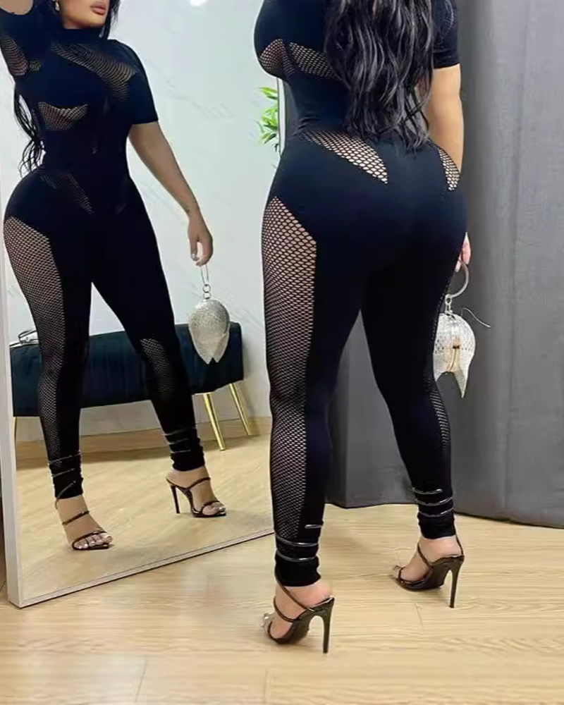 Sheer Mesh Panel High Neck Jumpsuit