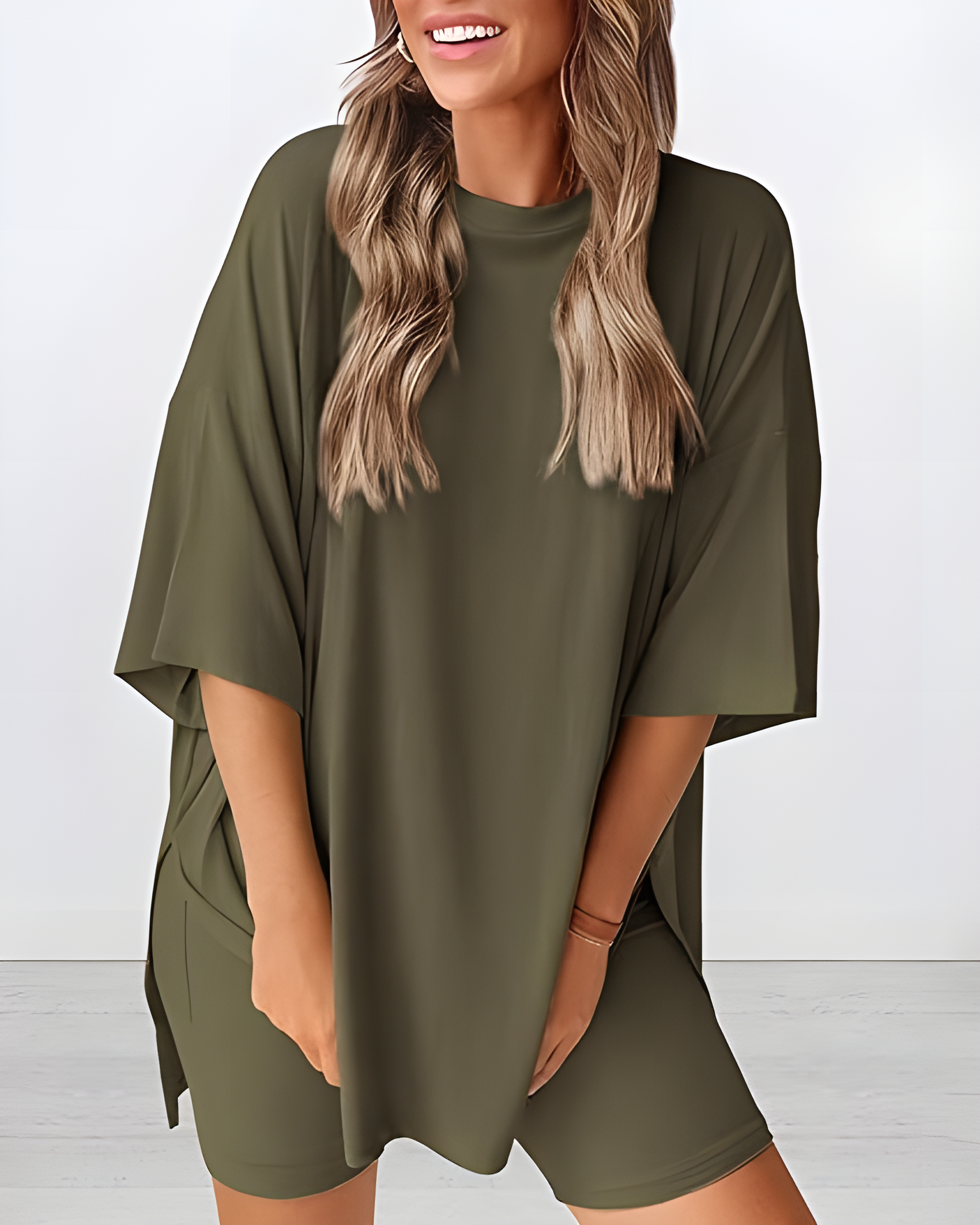 Women's Summer Casual Two-Piece Lounge Set Oversized Split Hem Shirt