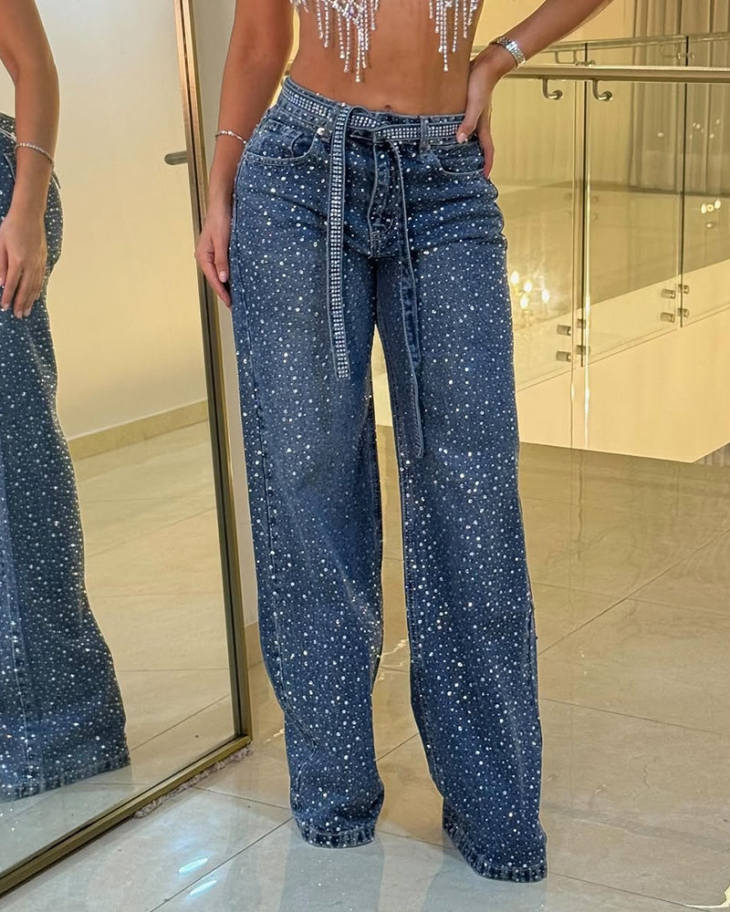 Diamond-Studded Straight-Leg Jeans