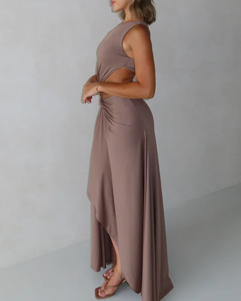 One-Shoulder Cutout Maxi Dress with Silver Ring Detail
