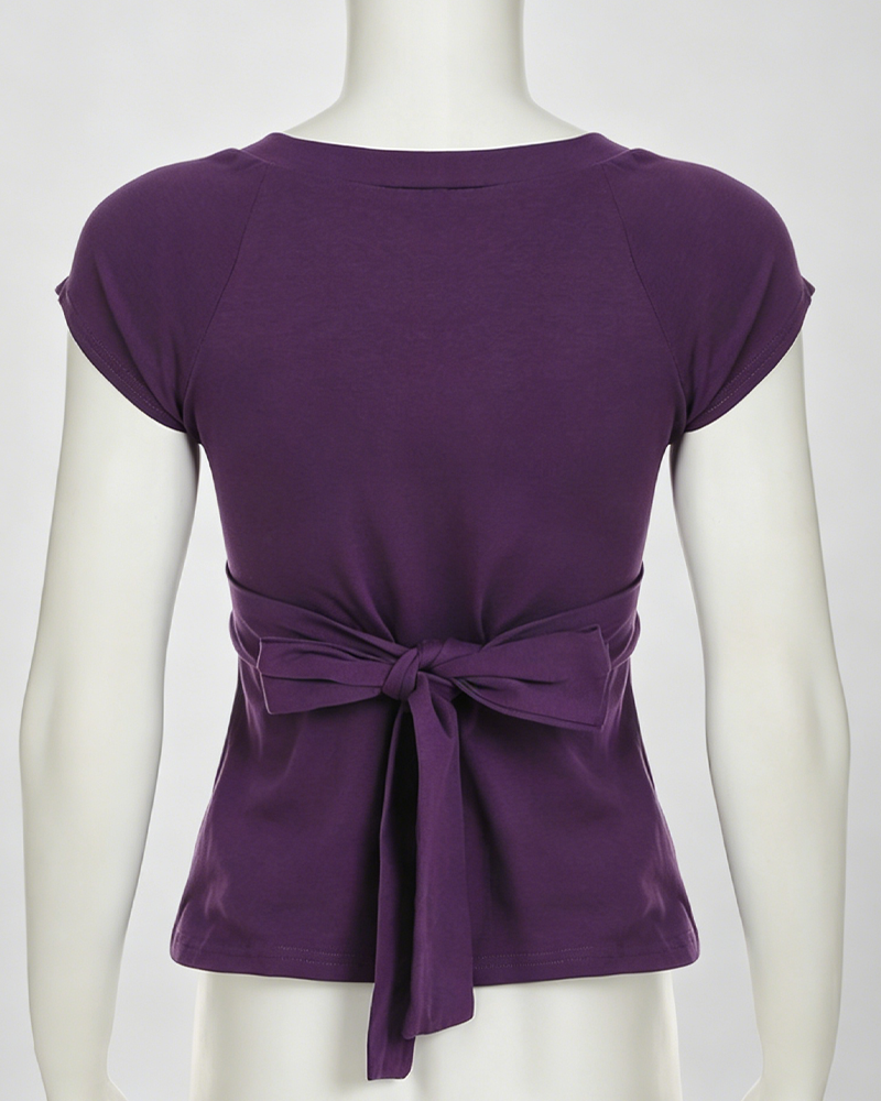 V-Neck Cross Wrap Cinched Waist Tie-Back Short Sleeve Top