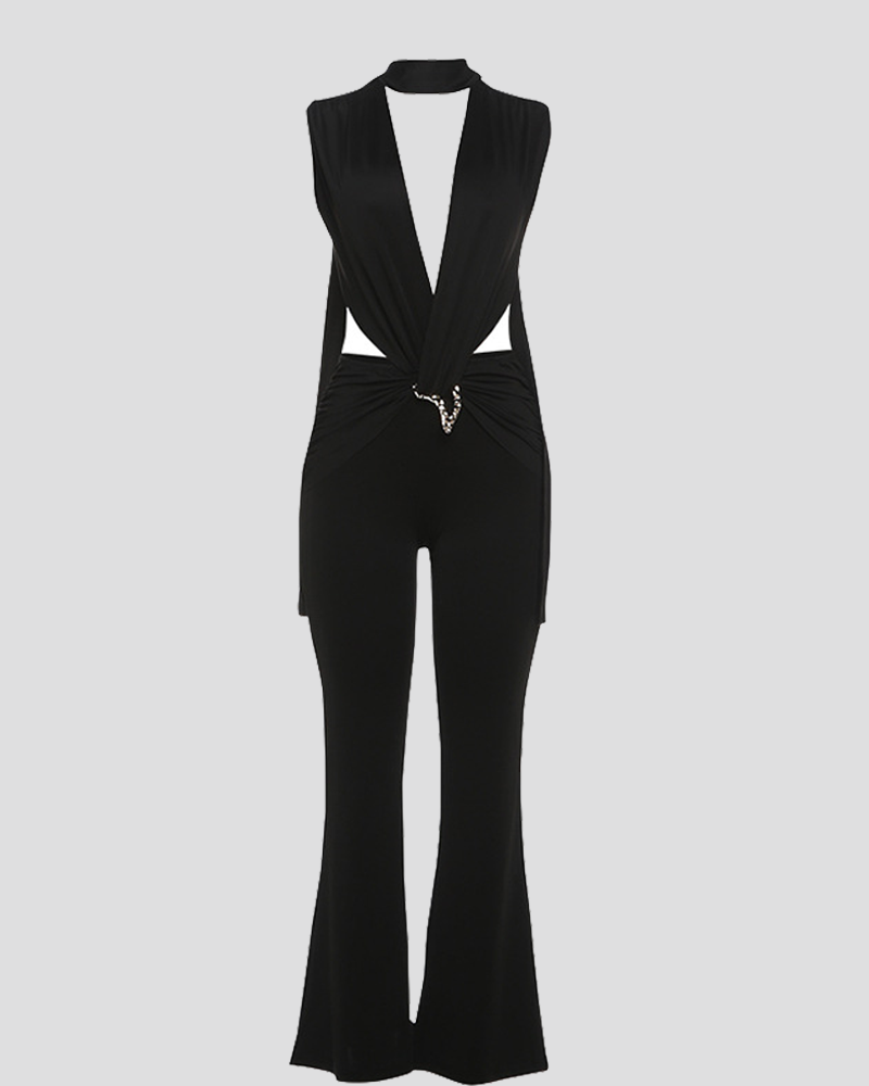 Sleeveless Deep V Cutout High Waist Slim Fit Flare Leg Jumpsuit
