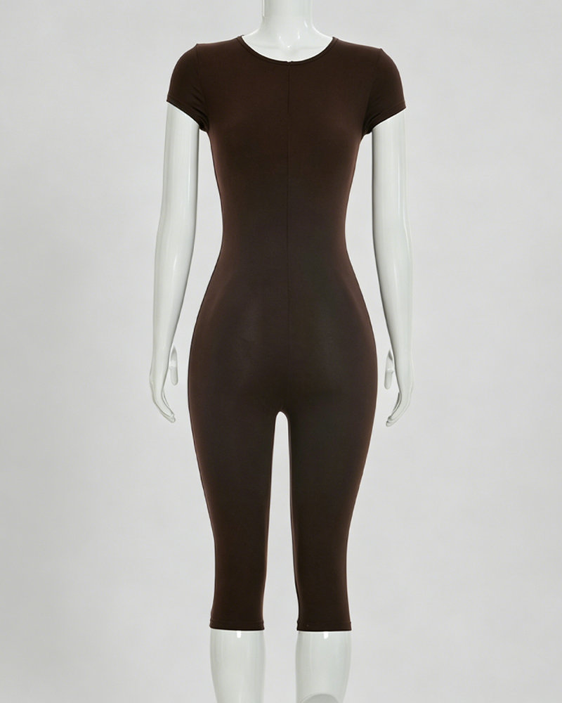 U-Neck Short Sleeve Bodycon Shaping Capri Jumpsuit