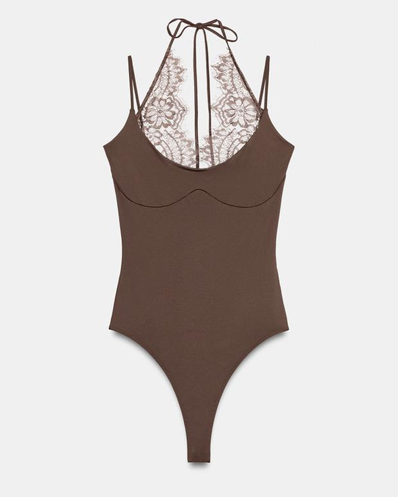 Fashionable Slim-Fit Patchwork Lace Halter Neck Bodysuit