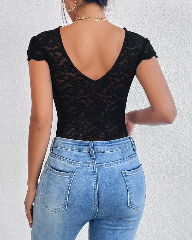 Sexy Deep V Neck Lace Short Sleeve One Piece Bodysuit