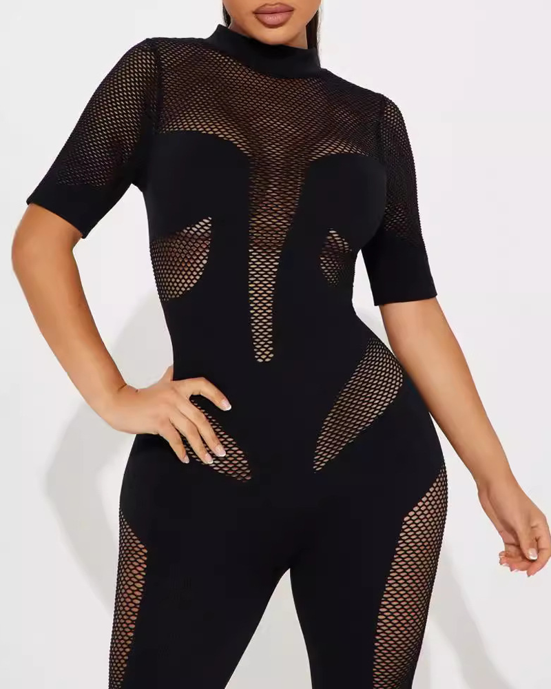 Sheer Mesh Panel High Neck Jumpsuit
