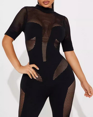 Sheer Mesh Panel High Neck Jumpsuit