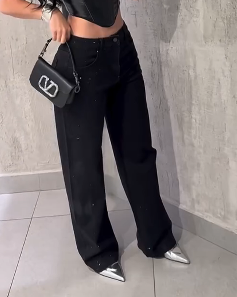 Women's Diamond Rhinestone Jeans High Waist Straight Wide Leg Stretchy Bling Denim Pants