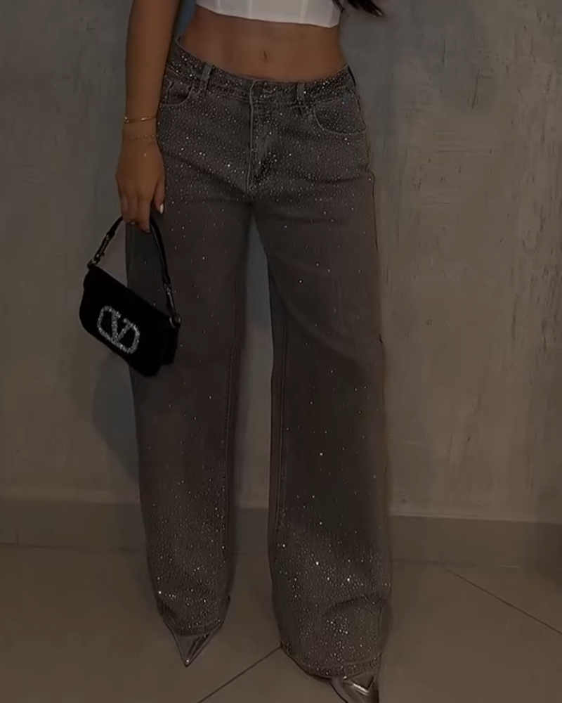 Women's Diamond Rhinestone Jeans High Waist Straight Wide Leg Stretchy Bling Denim Pants