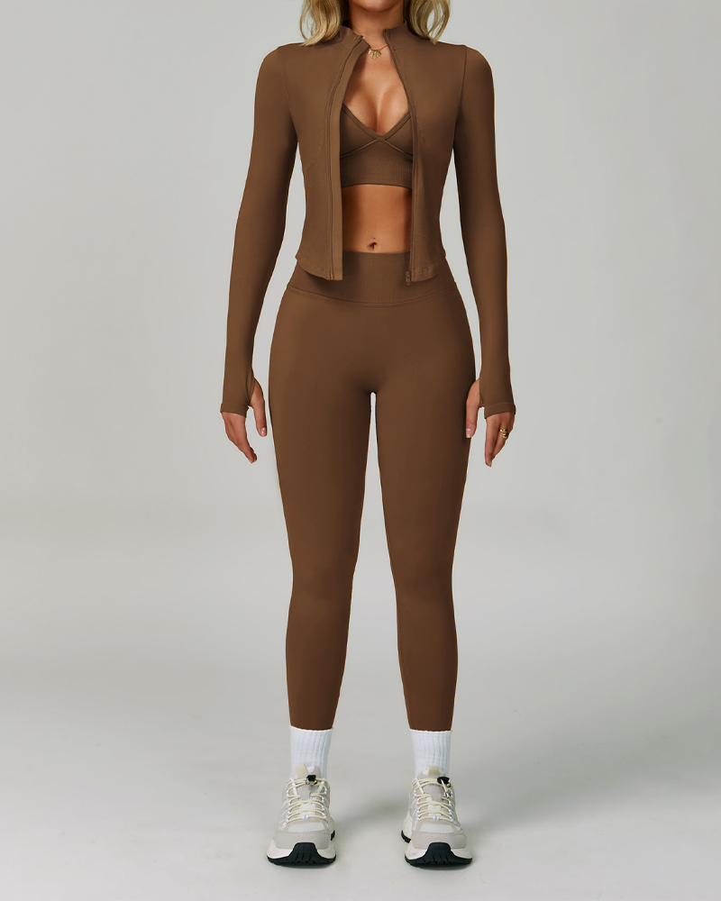 Seamless Slim Fit Quick Dry Tank Top High Waist Leggings Zip-Up Jacket 3Piece Set