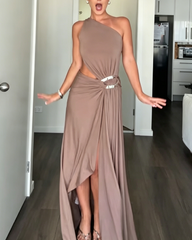 One-Shoulder Cutout Maxi Dress with Silver Ring Detail