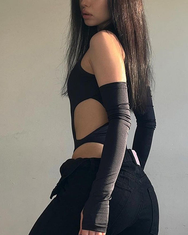Stylish Solid-Color High-Neck Hollow Out Bodysuit