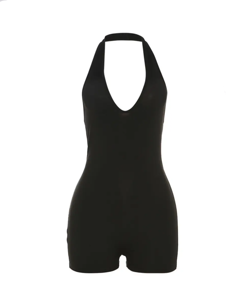 Sleeveless Halter Neck Deep V Backless High-Waisted Bodysuit
