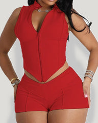 Solid Color Zipper Slim Top High Waist Skinny Shorts Set