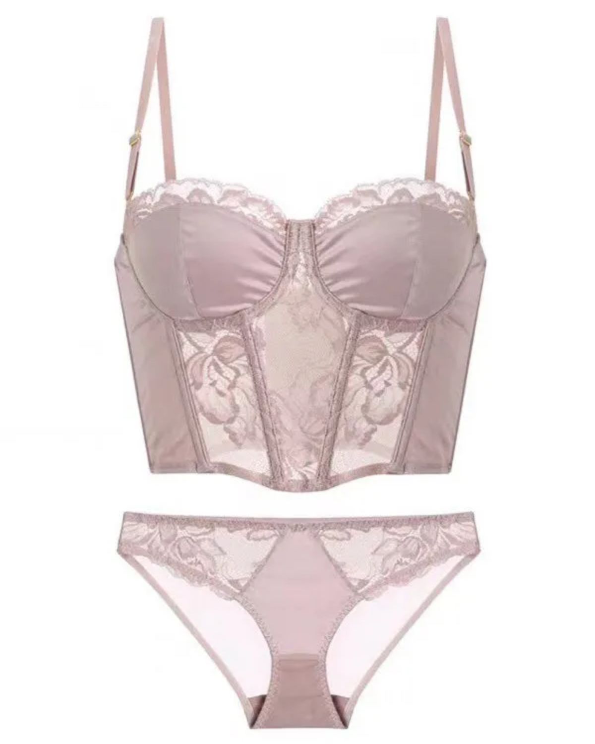 French Long Satin Lace Bra Set Underwear