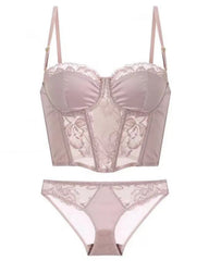 French Long Satin Lace Bra Set Underwear