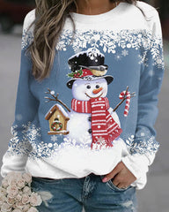 Christmas Snowman Print Round Collar Long Sleeves