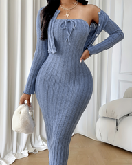 Women's Ribbed Fitted Dress Cardigan Set